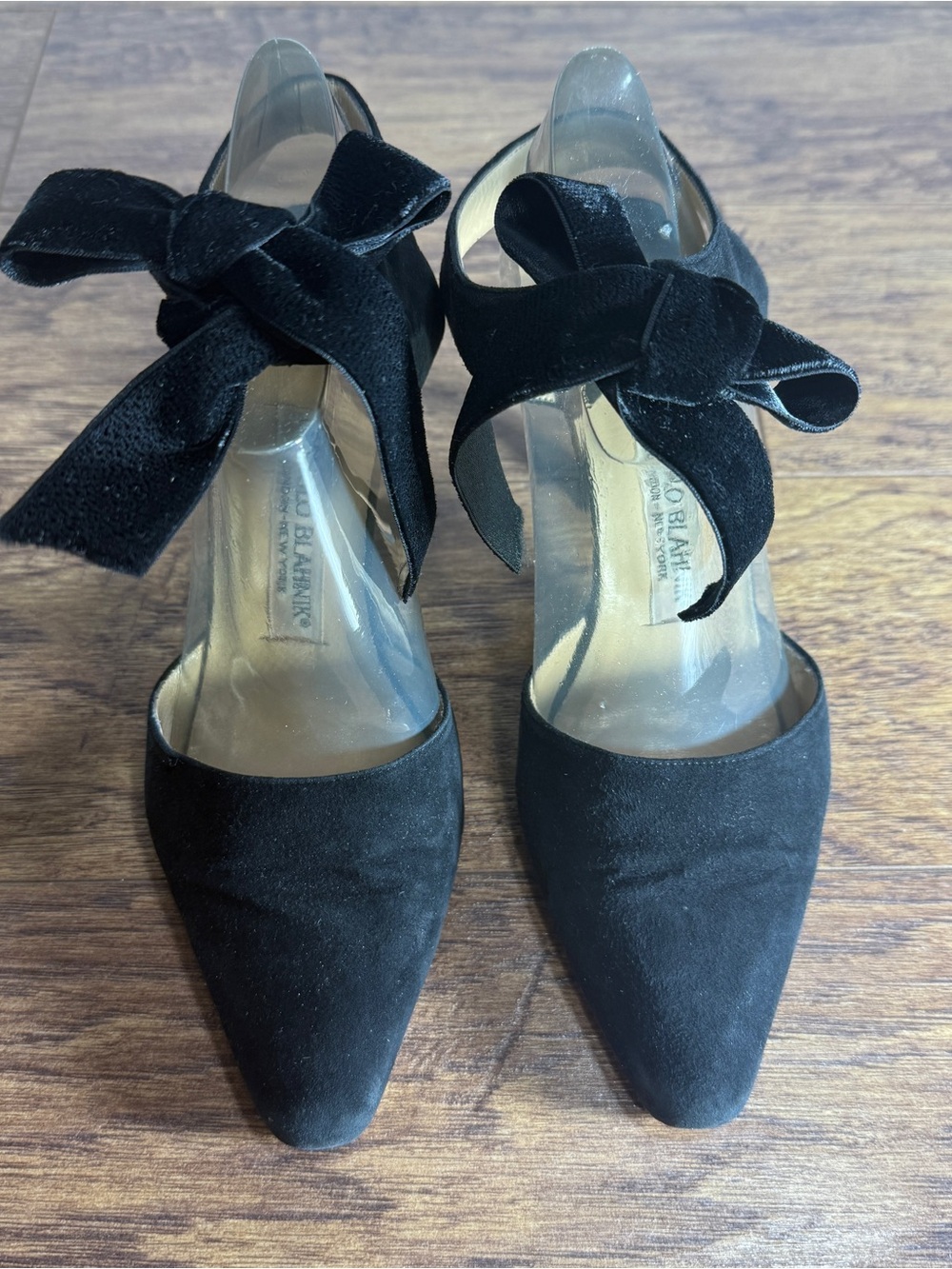 Vintage Manolo Blahnik Black Suede Bow Ankle Tie Heels 36.5 Made Italy